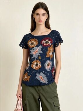 ANTHROPOLOGIE DELETTA Top Embroidered Floral Boho textured Bohemian Size S
